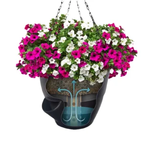 Pro-Series 16 hanging basket mounted on a covered patio with lush greenery