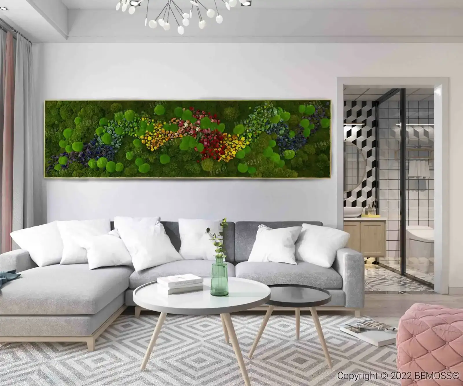 Living room mockup with a rectangular wall panel displayed above a sofa