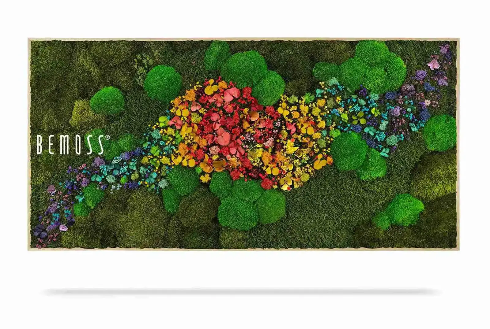 plants and moss wall art panel with mixed green moss and colorful accents, front view