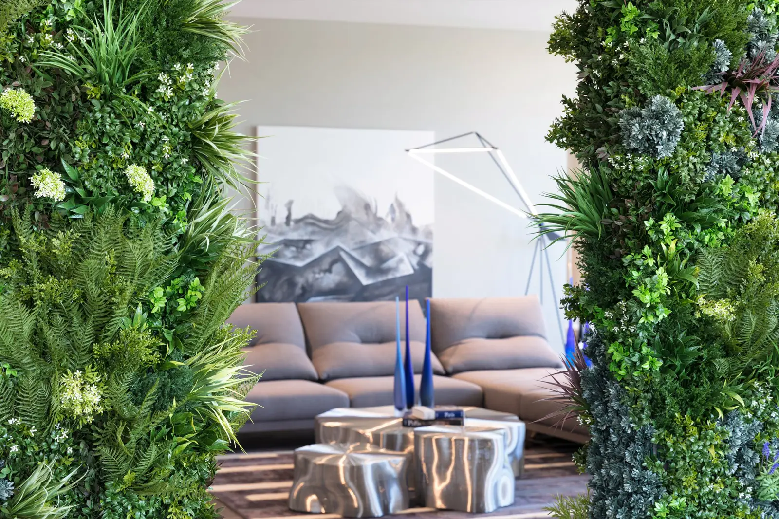 Artificial living wall color accents installed